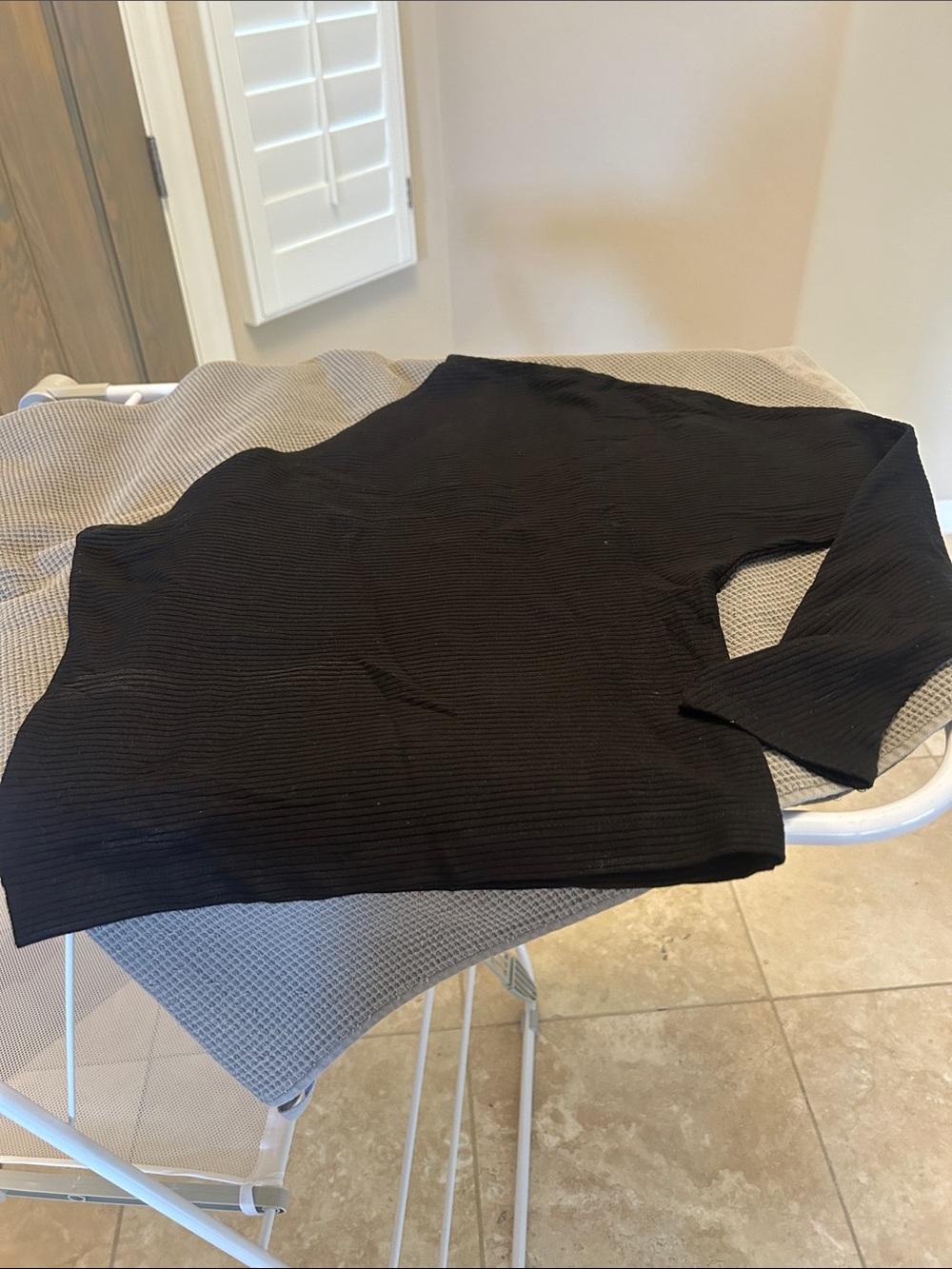 Classic Black Ribbed Long Sleeve Top, one sleeve, asymmetrical